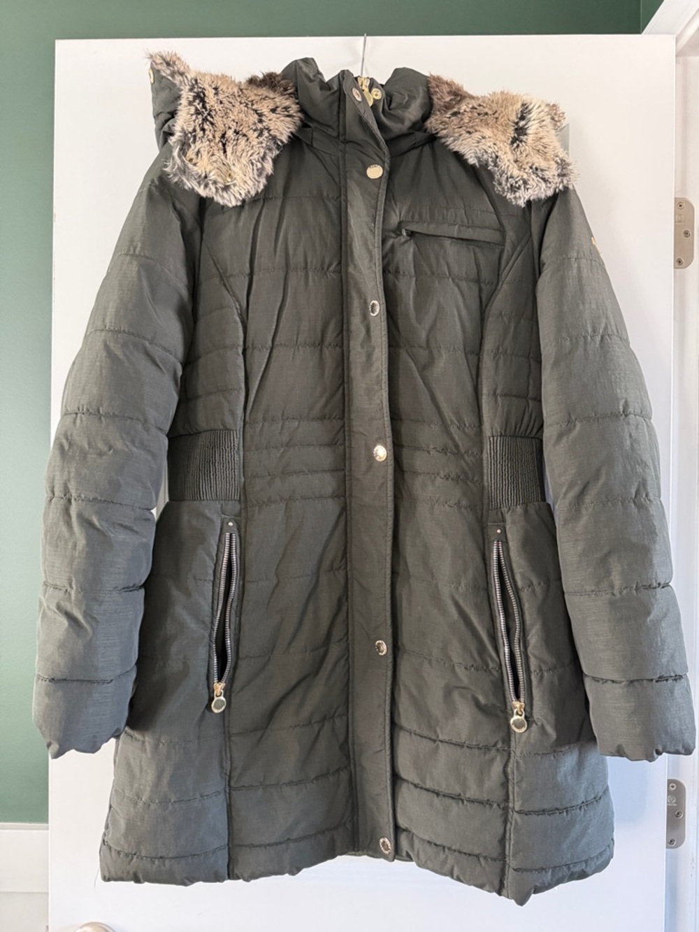 Laundry By Shelli Segal Olive Quilted Long Puffer Coat with Faux Fur Hoodie